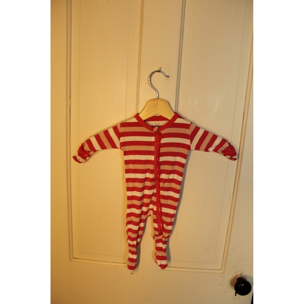 KicKee Pants Baby Girls 0-3 Months Footie Pajamas Red White Stripe Snug Fit